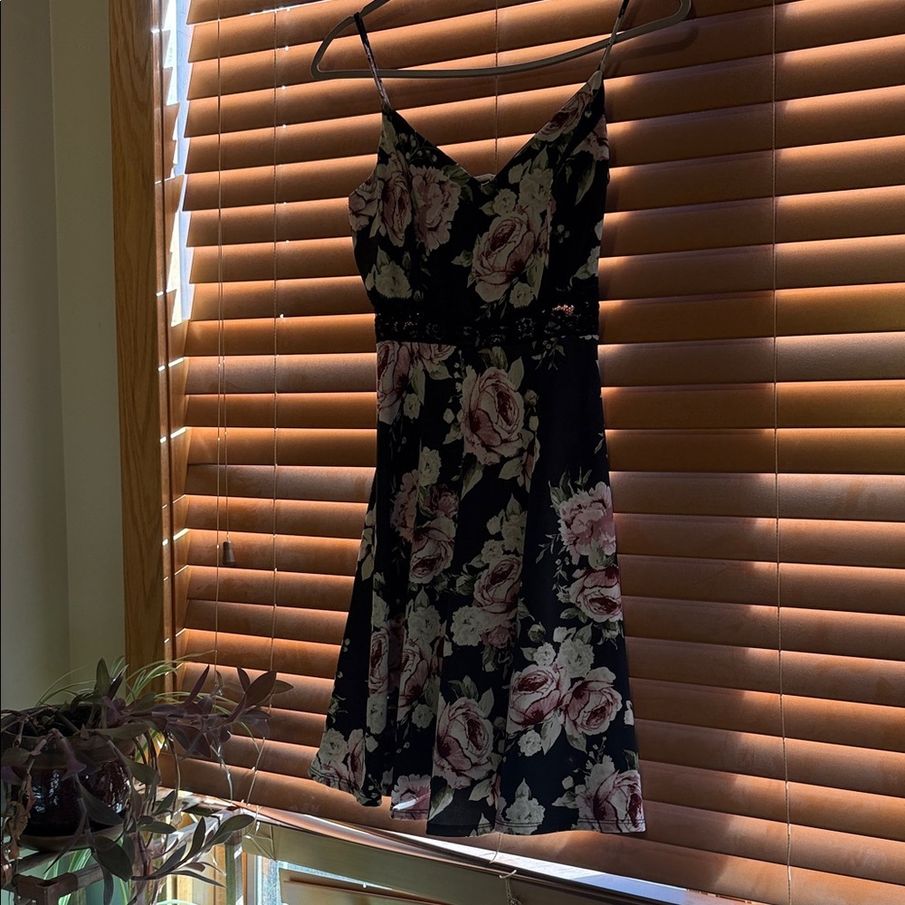 Floral Spaghetti-Strap A-Line Dress - Black with Pink Roses